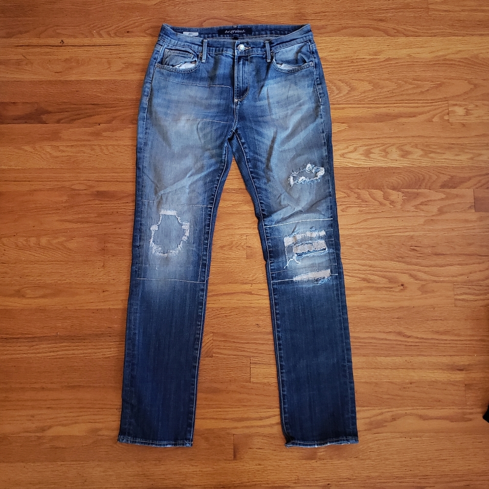 DRIFTWOOD Jody JEANS Straight Leg Distressed w patches fading scuff holes sz 28
